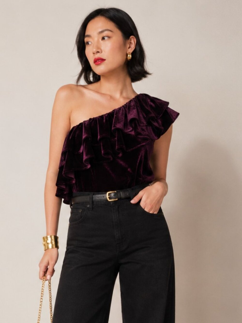 Misa Los Angeles Ruffled One Shoulder Velvet Top